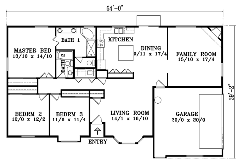 Home Plan - Floor Plan - Main Floor for Adobe / Southwestern House Plan #1-1357 - 3 bed, 2 bath