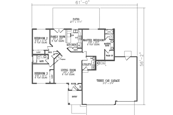 Floor Plan - Main Floor for Ranch House Plan #1-312 - 3 bed, 2 bath
