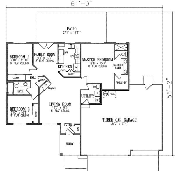 Ranch Style House Plan - 3 Beds 2 Baths 1364 Sq/Ft Plan #1-312 ...
