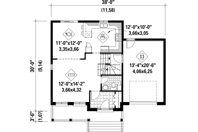 House Blueprint - Floor Plan - Main Floor for Country House Plan #25-4570 - 3 bed, 1 bath