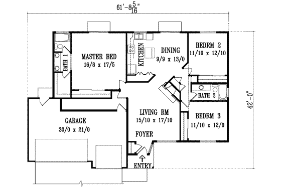 Floor Plan - Main Floor for Ranch House Plan #1-1127 - 3 bed, 2 bath