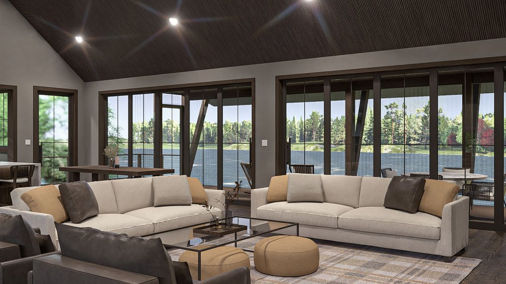 Lakefront house plan with walkout basement, interior living room.