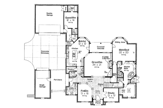 European style house plan, main level floor plan