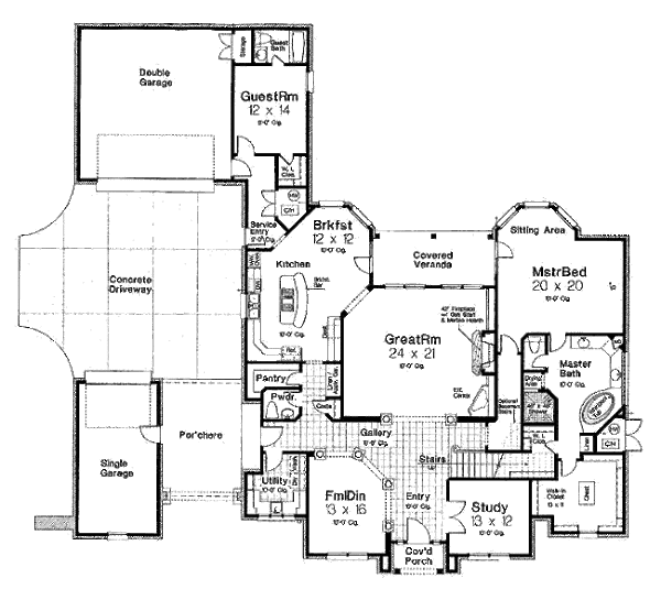 European style house plan, main level floor plan