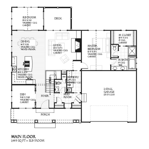 Home Plan - Traditional style house plan, Craftsman and bungalow details, main level floor plan
