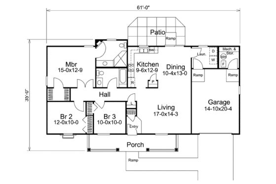 Floor Plan - Main Floor for Ranch House Plan #57-331 - 3 bed, 2 bath