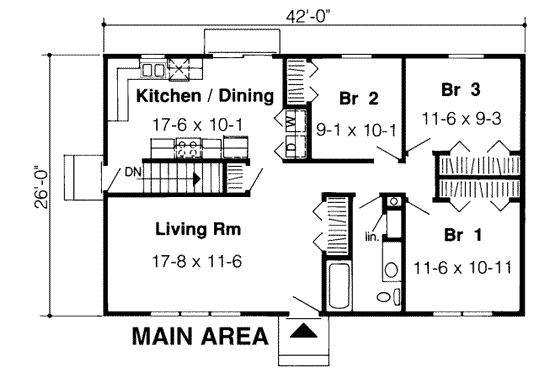 Floor Plan - Main Floor for Ranch House Plan #312-248 - 3 bed, 1 bath