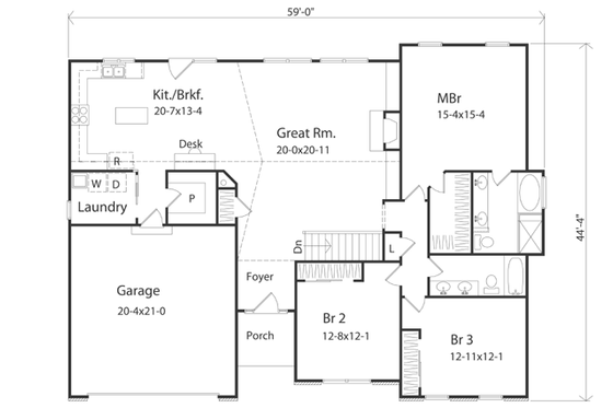 Floor Plan - Main Floor for Traditional House Plan #22-418 - 3 bed, 2 bath