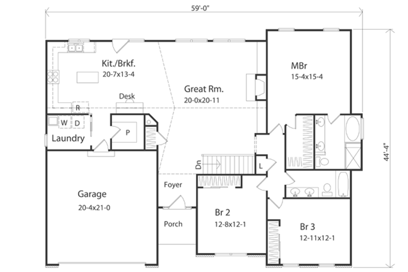 Home Plan - Floor Plan - Main Floor for Traditional House Plan #22-418 - 3 bed, 2 bath