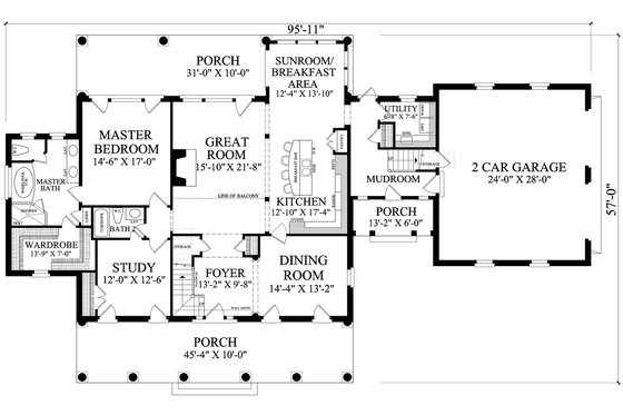 Colonial style, Southern design house plan, main level floorplan