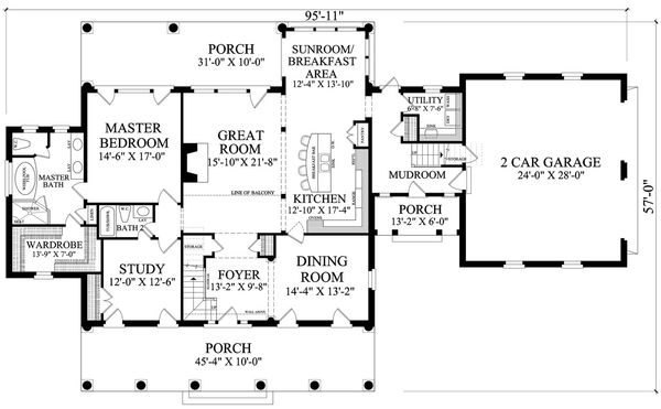 Colonial style, Southern design house plan, main level floorplan
