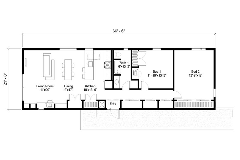 House Design - Floor Plan - Main Floor for Modern House Plan #497-59 - 2 bed, 1 bath