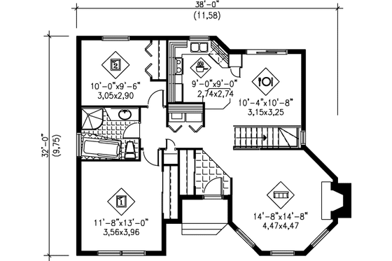 Floor Plan - Main Floor for Cottage House Plan #25-1028 - 2 bed, 1 bath