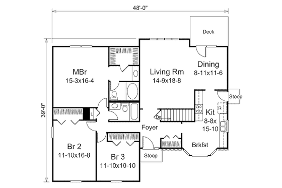 Floor Plan - Main Floor for Ranch House Plan #57-421 - 3 bed, 2 bath