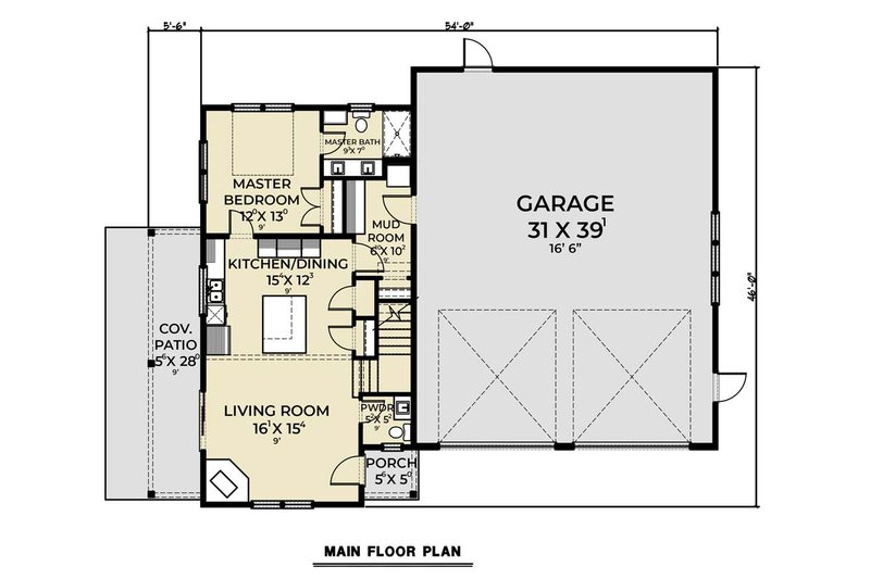 House Blueprint - Floor Plan - Main Floor for Barndominium House Plan #1070-249 - 3 bed, 2.5 bath
