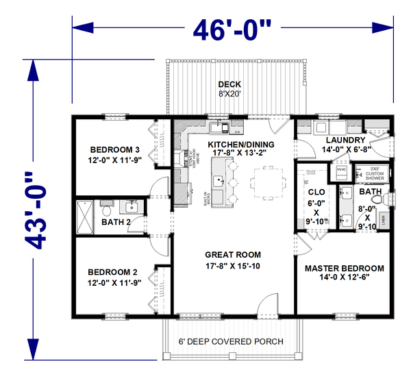 House Design - Floor Plan - Main Floor for Farmhouse House Plan #44-321 - 3 bed, 2 bath