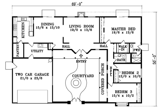 Floor Plan - Main Floor for Adobe / Southwestern House Plan #1-1364 - 3 bed, 2 bath
