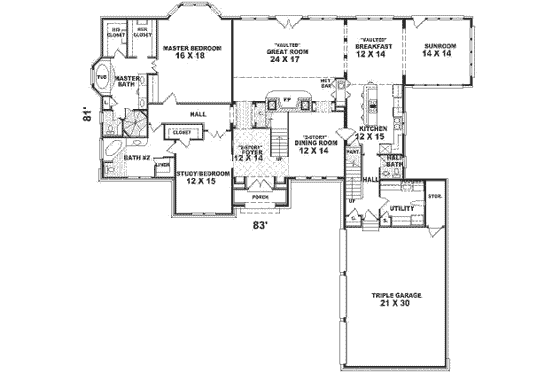 Floor Plan - Main Floor for Traditional House Plan #81-403 - 4 bed, 3.5 bath