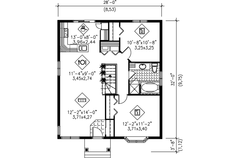 House Blueprint - Floor Plan - Main Floor for Cottage House Plan #25-163 - 2 bed, 1 bath