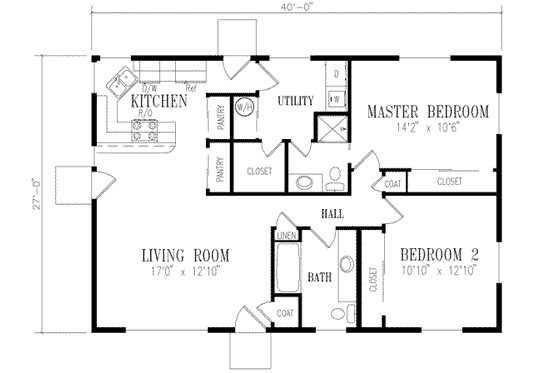 Floor Plan - Main Floor for Ranch House Plan #1-158 - 2 bed, 2 bath