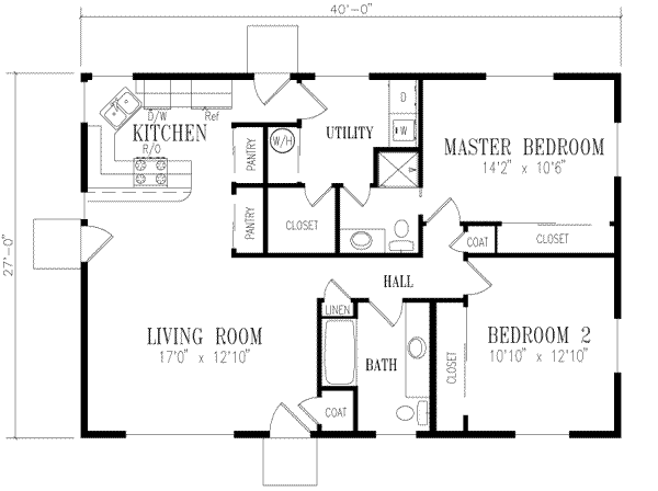 ranch style house plan - 2 beds 2 baths 1080 sq/ft plan #1-158