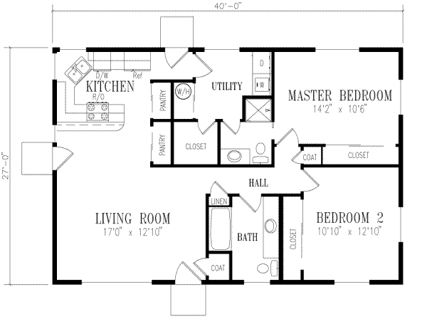 Ranch Style House Plan - 2 Beds 2 Baths 1080 Sq/Ft Plan #1-158
