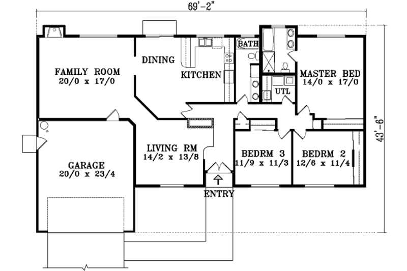 Architectural House Design - Floor Plan - Main Floor for Ranch House Plan #1-1382 - 3 bed, 2 bath