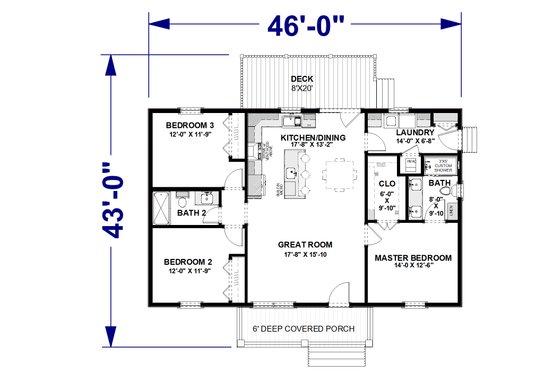 Floor Plan - Main Floor for Farmhouse House Plan #44-292 - 3 bed, 2 bath
