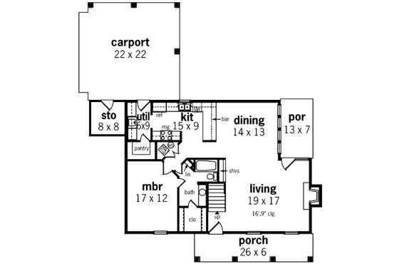Floor Plan - Main Floor for Southern House Plan #45-321 - 2 bed, 2 bath