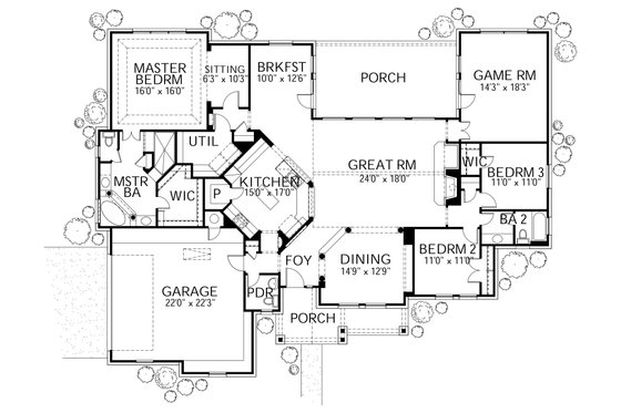 Floor Plan - Main Floor for Traditional House Plan #80-166 - 3 bed, 2.5 bath