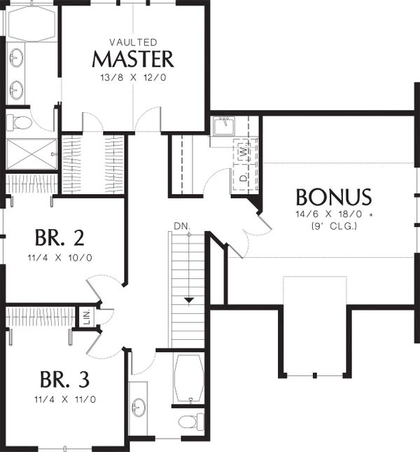 Upper level floor plan - 1950 square foot Craftsman home