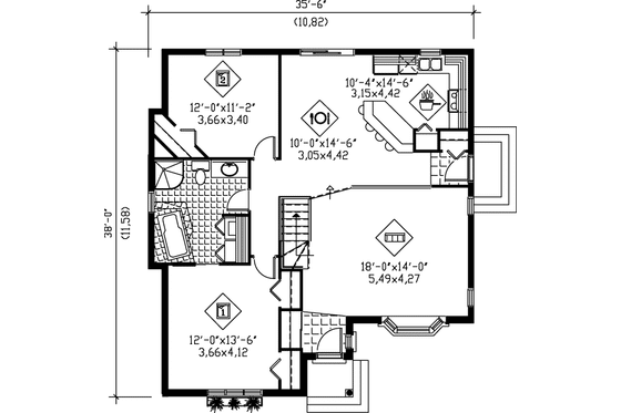 Floor Plan - Main Floor for Traditional House Plan #25-1020 - 2 bed, 1 bath