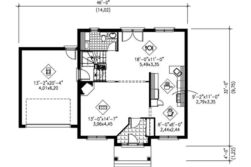 House Plan Design - Floor Plan - Main Floor for European House Plan #25-267 - 2 bed, 1.5 bath