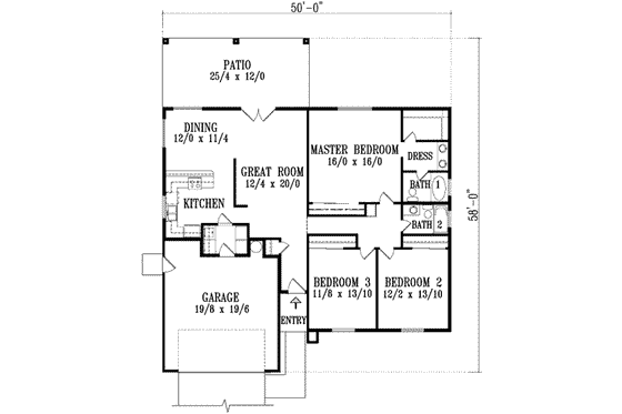 Floor Plan - Main Floor for Ranch House Plan #1-588 - 3 bed, 2 bath