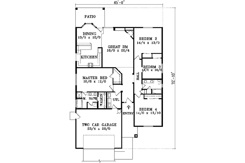 Home Plan - Floor Plan - Main Floor for Adobe / Southwestern House Plan #1-1404 - 4 bed, 2 bath