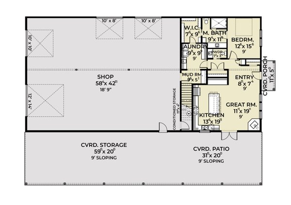 House Blueprint - Floor Plan - Main Floor for Barndominium House Plan #1070-275 - 1 bed, 1.5 bath