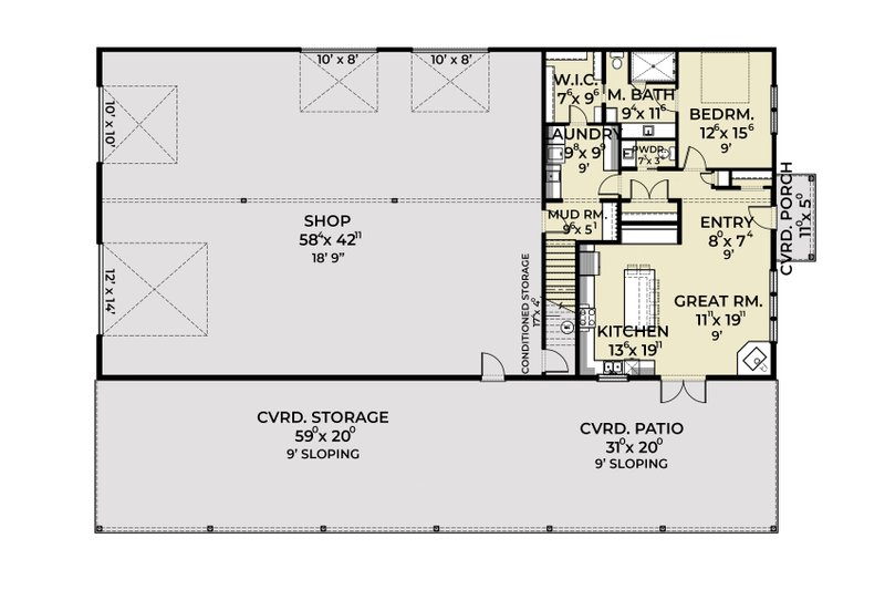 House Blueprint - Floor Plan - Main Floor for Barndominium House Plan #1070-275 - 1 bed, 1.5 bath