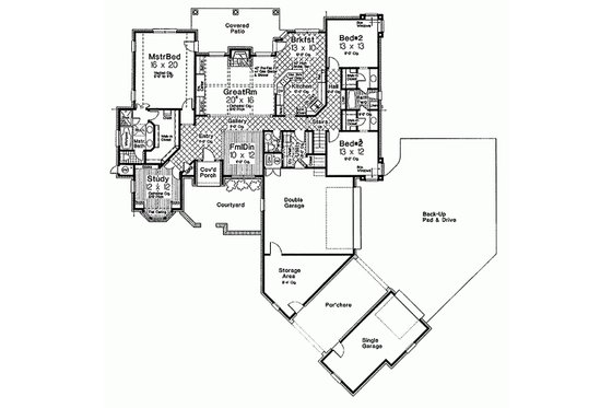 European style house plan, main level floor plan