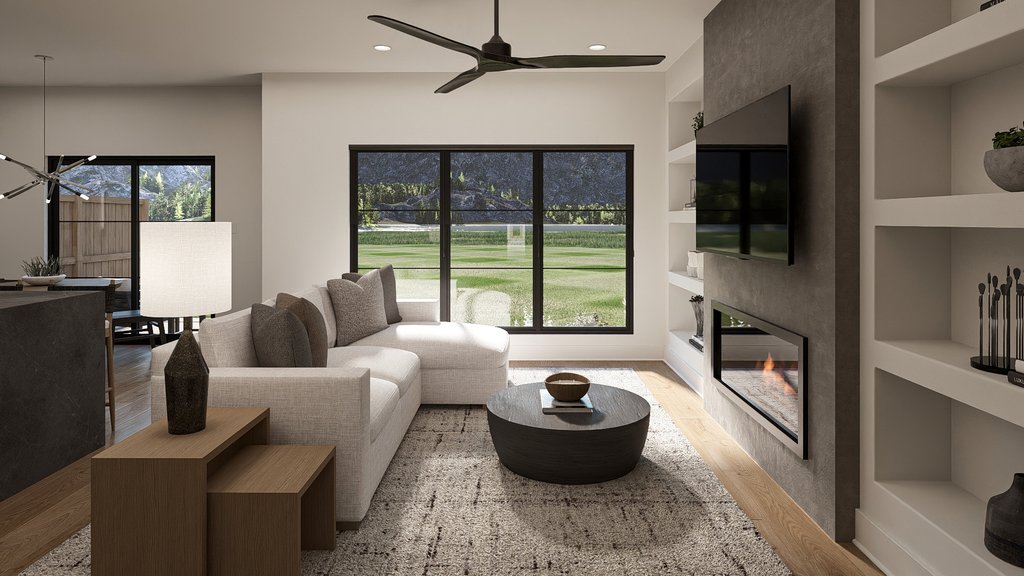 Living room with large window, couch, and television.