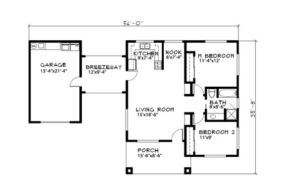 Floor Plan - Main Floor for Ranch House Plan #515-20 - 2 bed, 1 bath