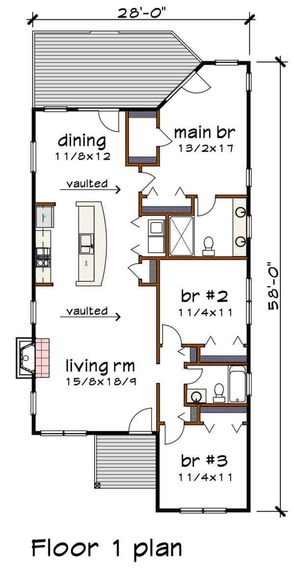 House Blueprint - Floor Plan - Main Floor for Modern House Plan #79-292 - 3 bed, 2 bath