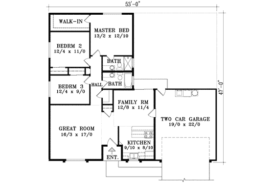 Floor Plan - Main Floor for Ranch House Plan #1-1211 - 3 bed, 2 bath