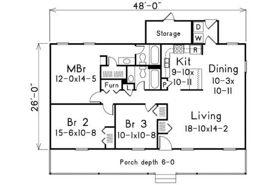 Floor Plan - Main Floor for Ranch House Plan #57-160 - 3 bed, 2 bath