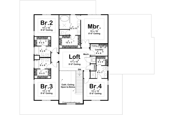 Floor Plan - Upper Floor for Farmhouse House Plan #455-682 - 4 bed, 4.5 bath