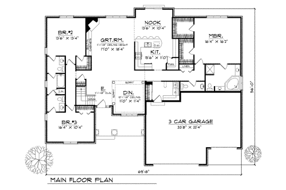 Floor Plan - Main Floor for Traditional House Plan #70-384 - 3 bed, 2.5 bath