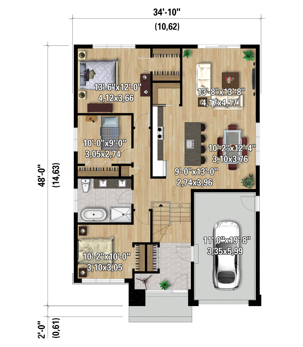 Contemporary Style House Plan - 3 Beds 1 Baths 1316 Sq/Ft Plan #25-5024 ...