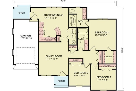 Floor Plan - Main Floor for Traditional House Plan #54-617 - 3 bed, 2 bath