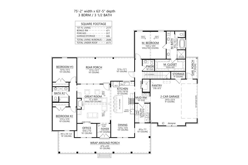 House Blueprint - Floor Plan - Main Floor for Farmhouse House Plan #1074-124 - 3 bed, 3.5 bath