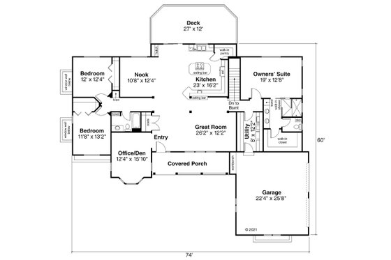 Floor Plan - Main Floor for Ranch House Plan #124-1232 - 3 bed, 2 bath