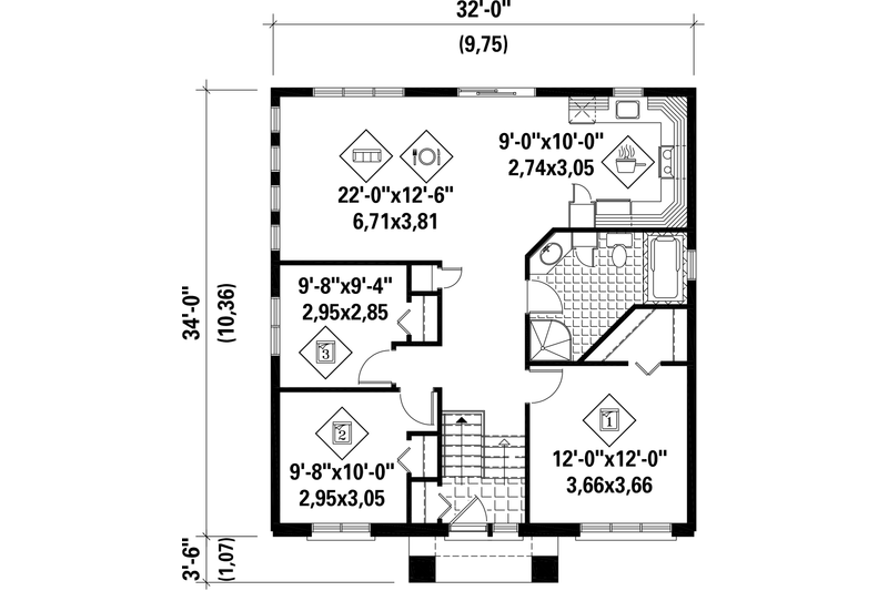 Architectural House Design - Floor Plan - Main Floor for Contemporary House Plan #25-4270 - 3 bed, 1 bath